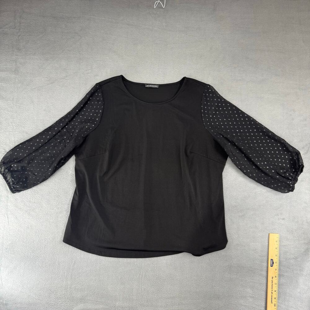 Adrianna Papell Black Top Silver Metallic Clip Dot Puff Sleeve Blouse Sz XL‎